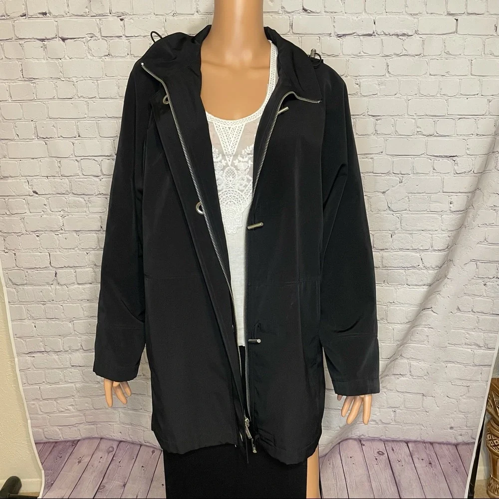 Liz Claiborne Black Trench Coat w/Detachable Hood size medium